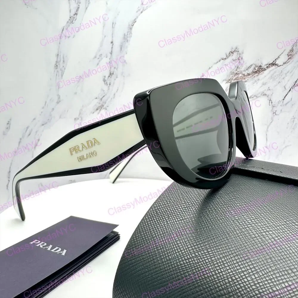 New PRADA Sunglasses Black White Talc Gold Symbole Oval Cat Eye Womens